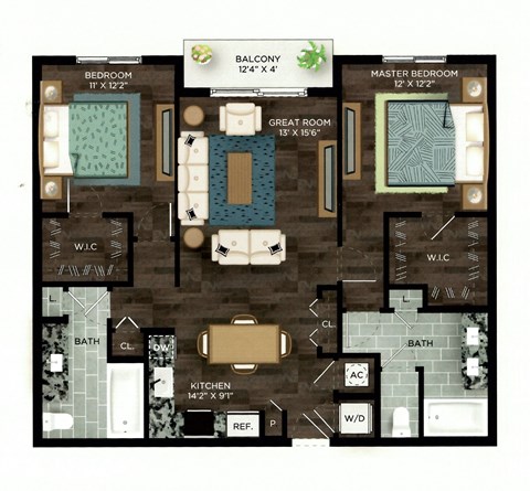 Floor plan for 2 beds, 2 baths, 1222 sqft